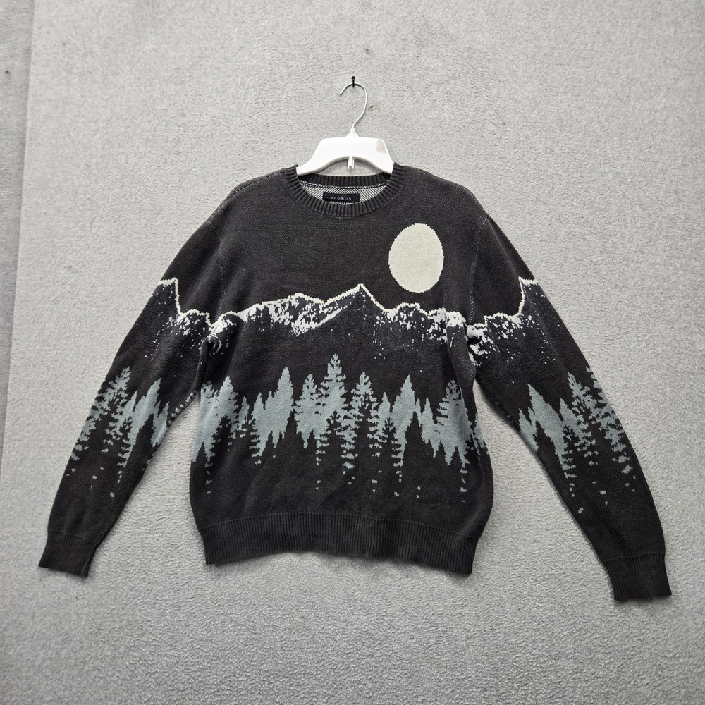 Pacsun Women Sweater M Gray Graphic Mountains Trees Knit Pullover